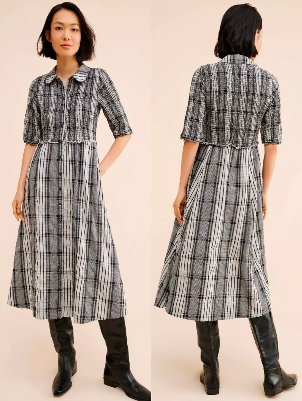 ANTHROPOLOGIE × Maeve Black Plaid Short Sleeve Smocked Midi Shirtdress